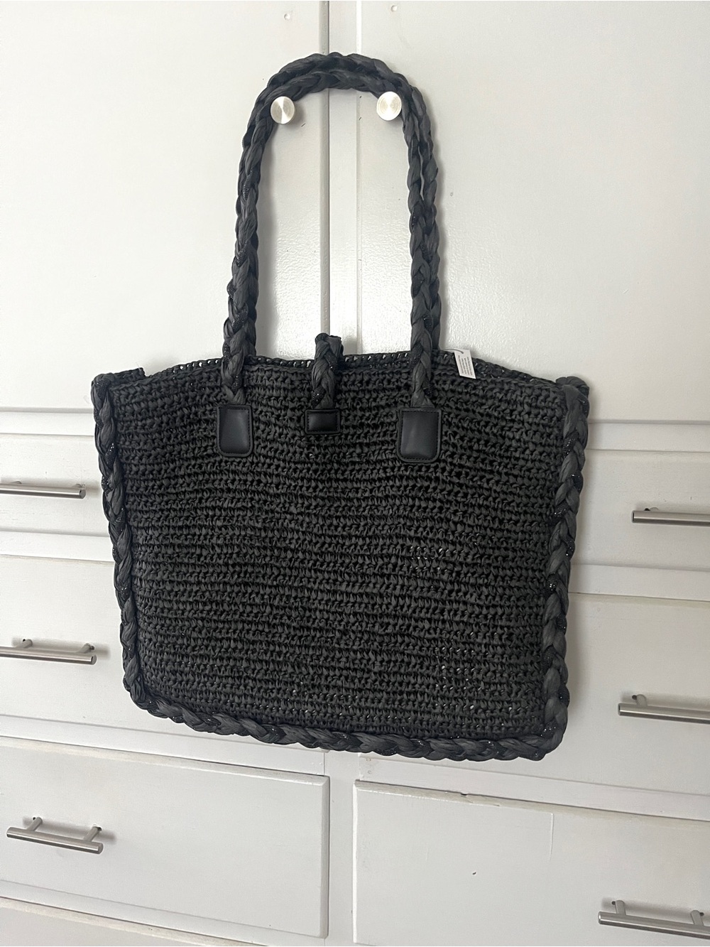White House Black Market Raffia braided embellished Tote Bag in Black - Picture 5 of 14